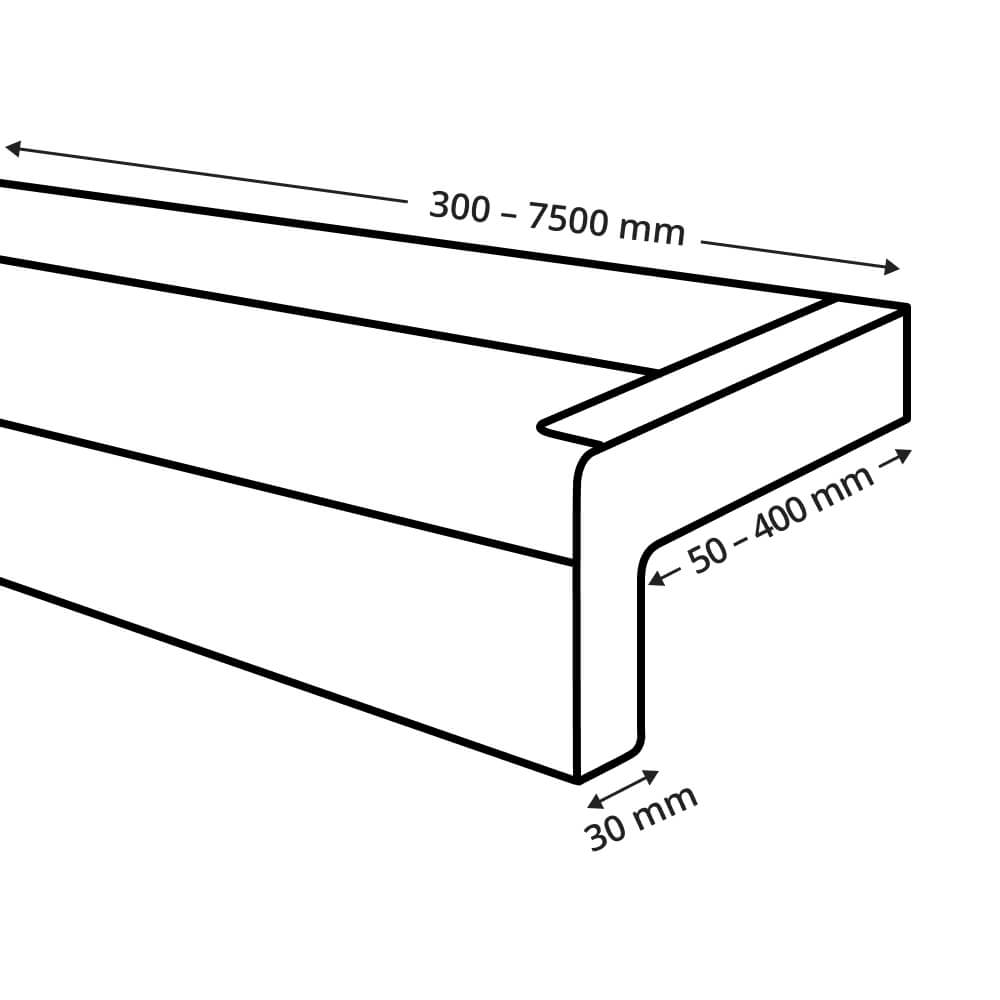 Disegno tecnico del davanzale esterno in alluminio con tappi per finitura intonaco