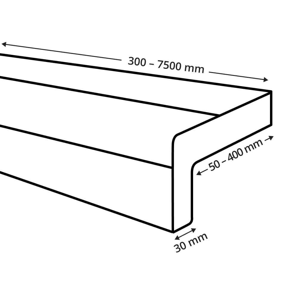 Disegno tecnico del davanzale esterno in alluminio con tappi per finitura mattoni