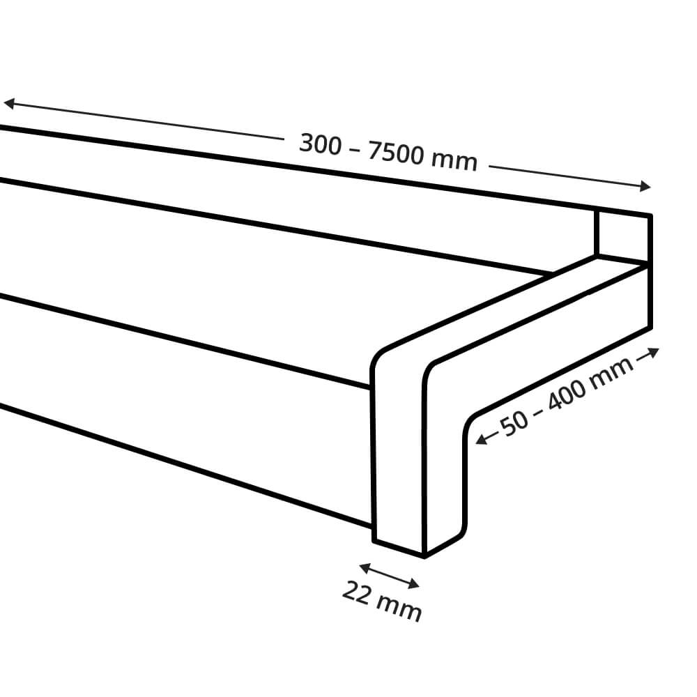 Disegno tecnico del davanzale esterno in alluminio con tappi laterali