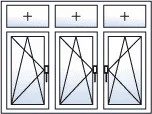 Finestra a tre ante ad anta-ribalta verso destra con 3 sopraluci fissi