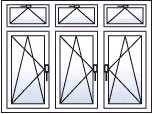Finestra a tre ante ad anta-ribalta verso sinistra con 3 sopraluci a vasistas