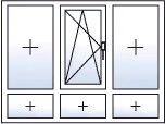Finestra a tre ante ad anta-ribalta centro verso sinistra con 3 sottoluci fissi