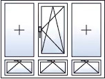 Finestra a tre ante ad anta-ribalta centro verso destra con 3 sottoluci a vasistas
