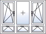 Finestra a 3 ante ad anta-ribalta destra e sinistra con 3 sottoluci a vasistas