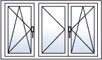 Finestra a tre ante ad anta-ribalta destra e sinistra e a battente sinistra al centro